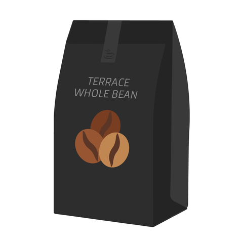 Terrace Cafe Cups bagged whole bean coffee.